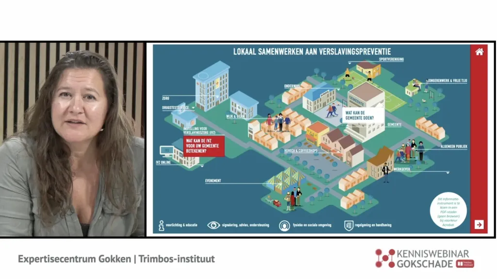 Spreker naast de slide Lokaal samenwerken aan verslavingspreventie, met de titel van het webinar in beeld